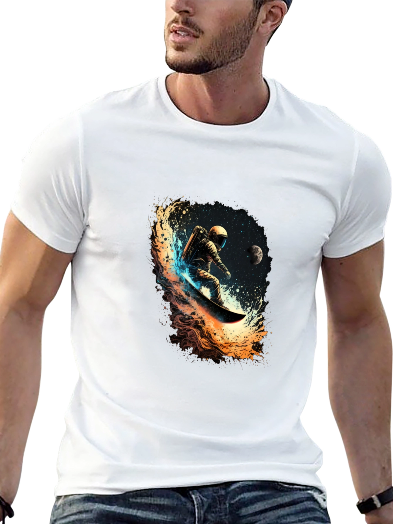 Astronaut Space Surfing Black T-Shirt