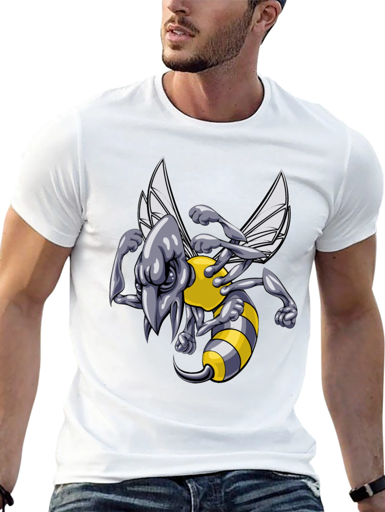 Mens Black T-Shirt with Angry Bee Cartoon Graphic