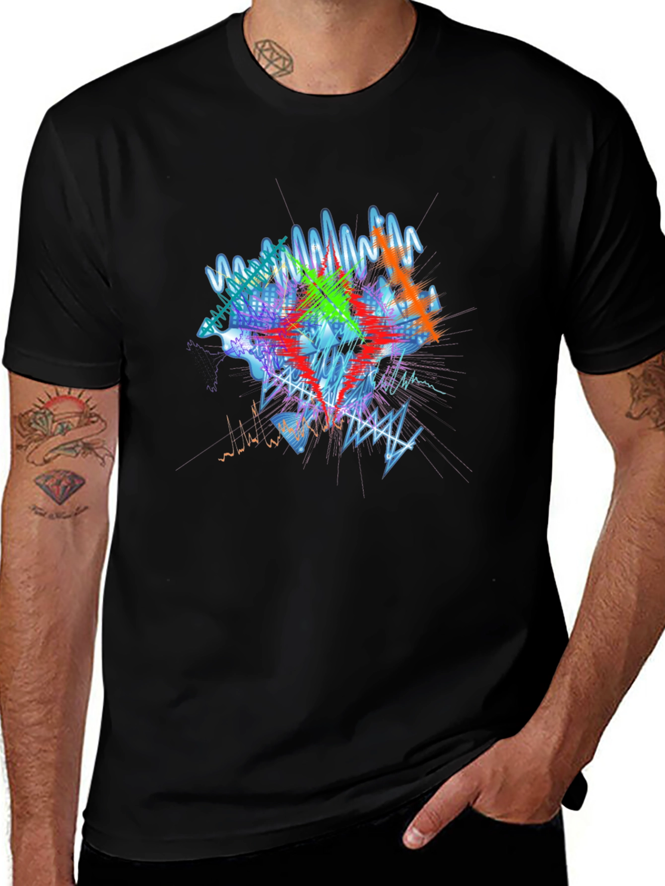 Abstract Neon Graphic Print Black T-Shirt