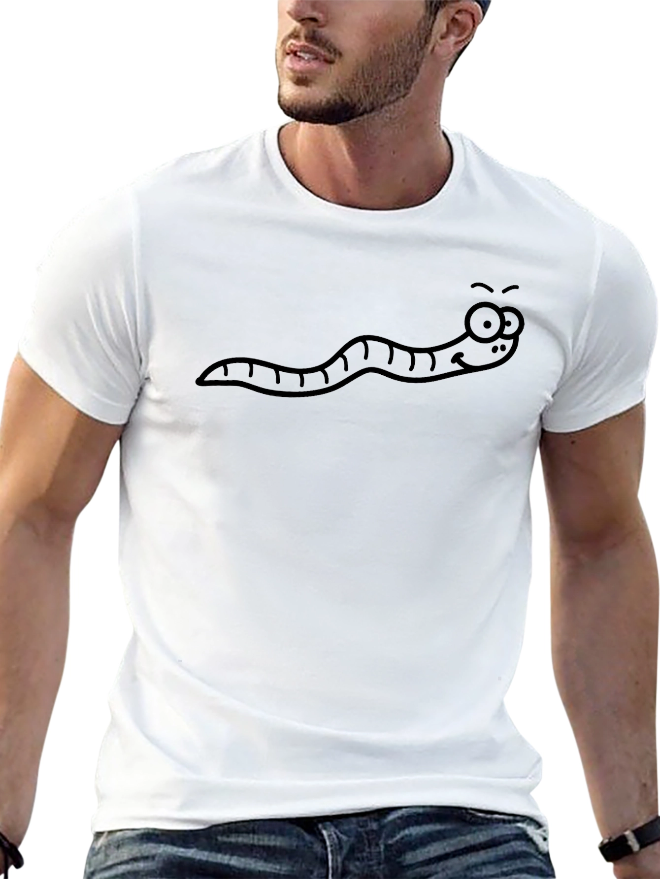 Cartoon Worm Graphic Tee - Casual Black T-Shirt