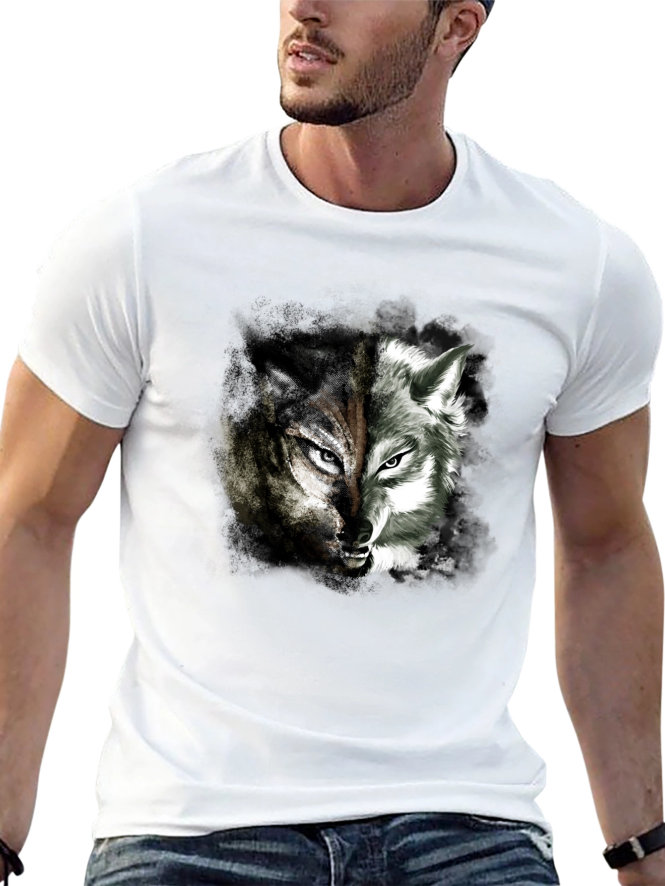 Two Face Wolf Graphic Print T-Shirt