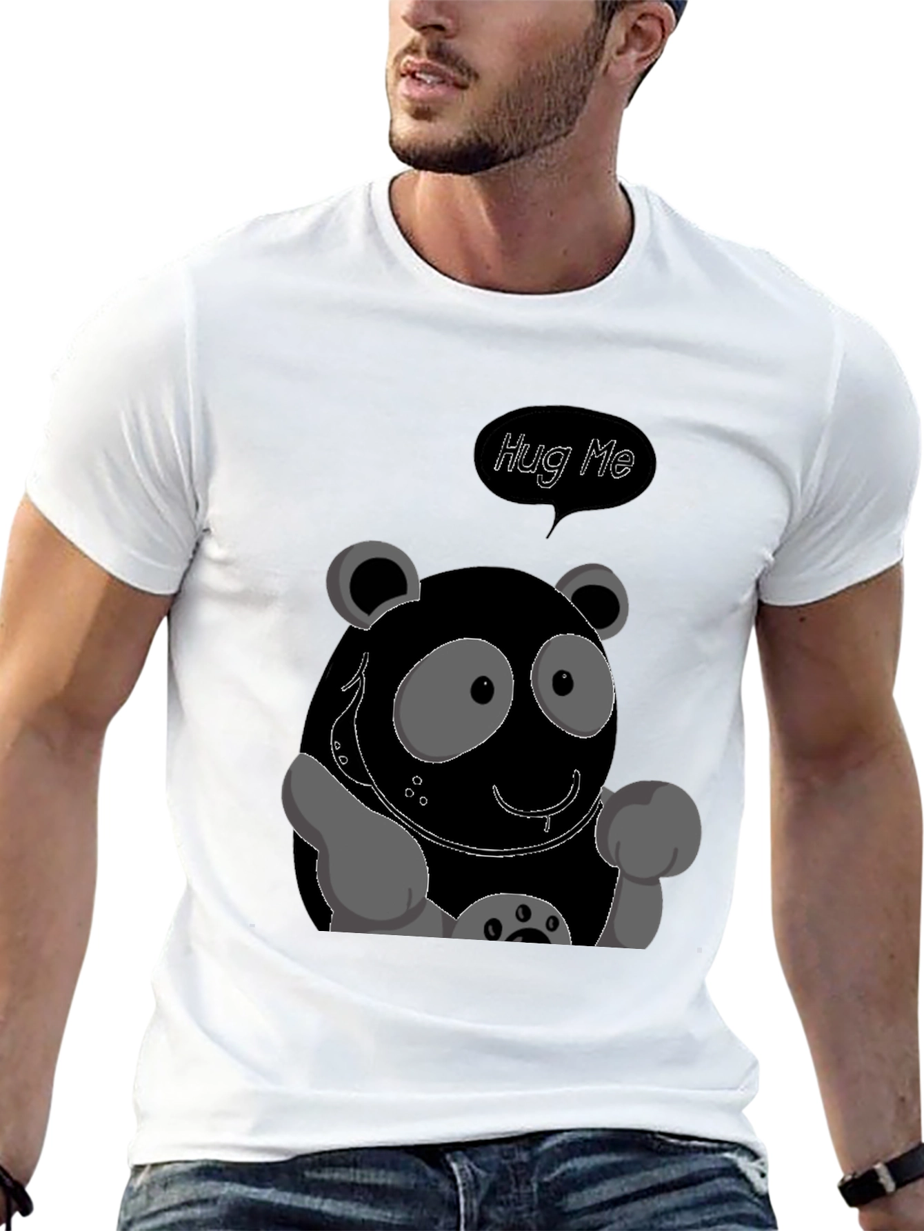 Cute Cartoon Panda Hug Me Graphic Tee - Black