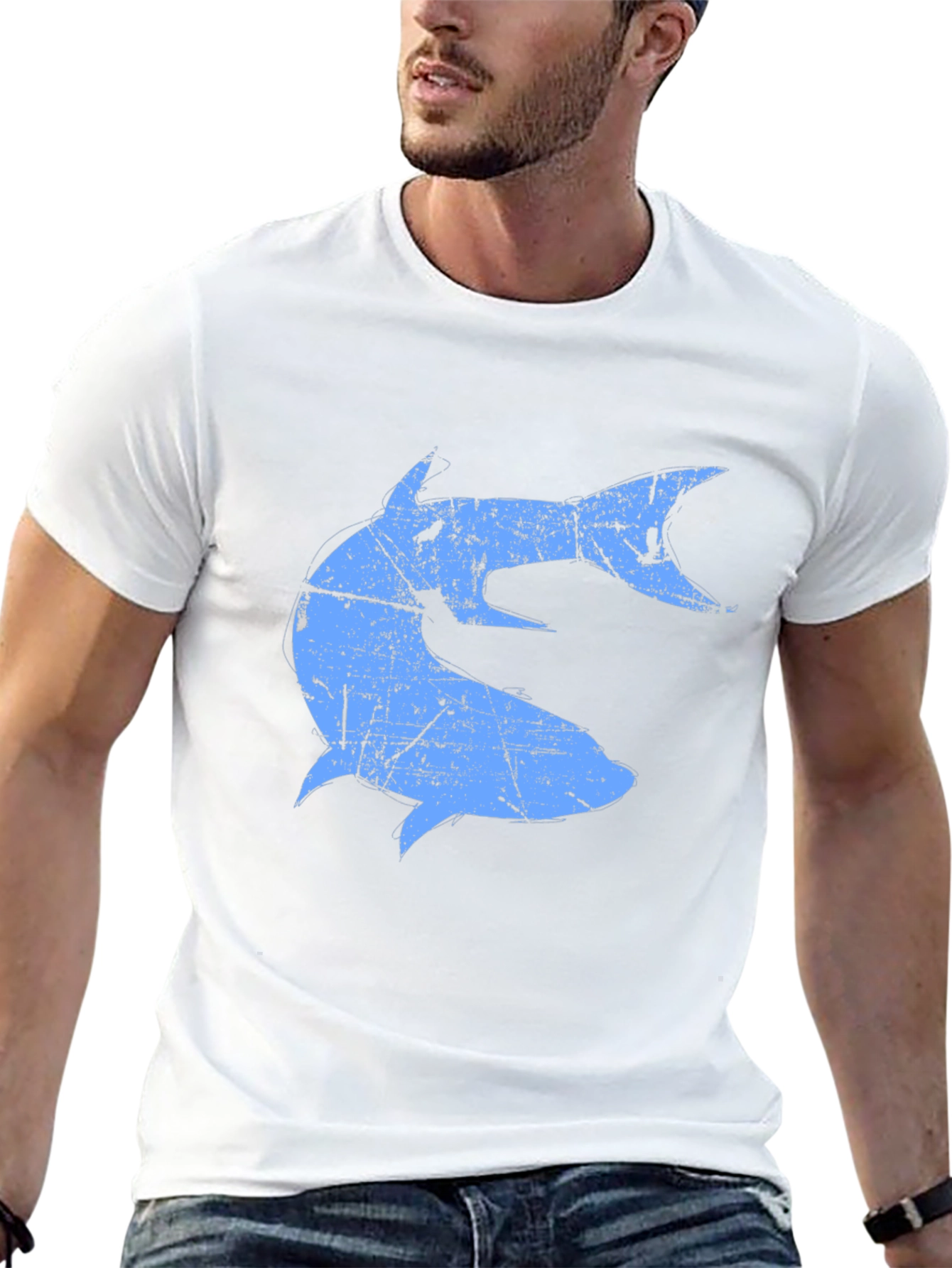 Distressed Blue Shark Graphic Black T-Shirt