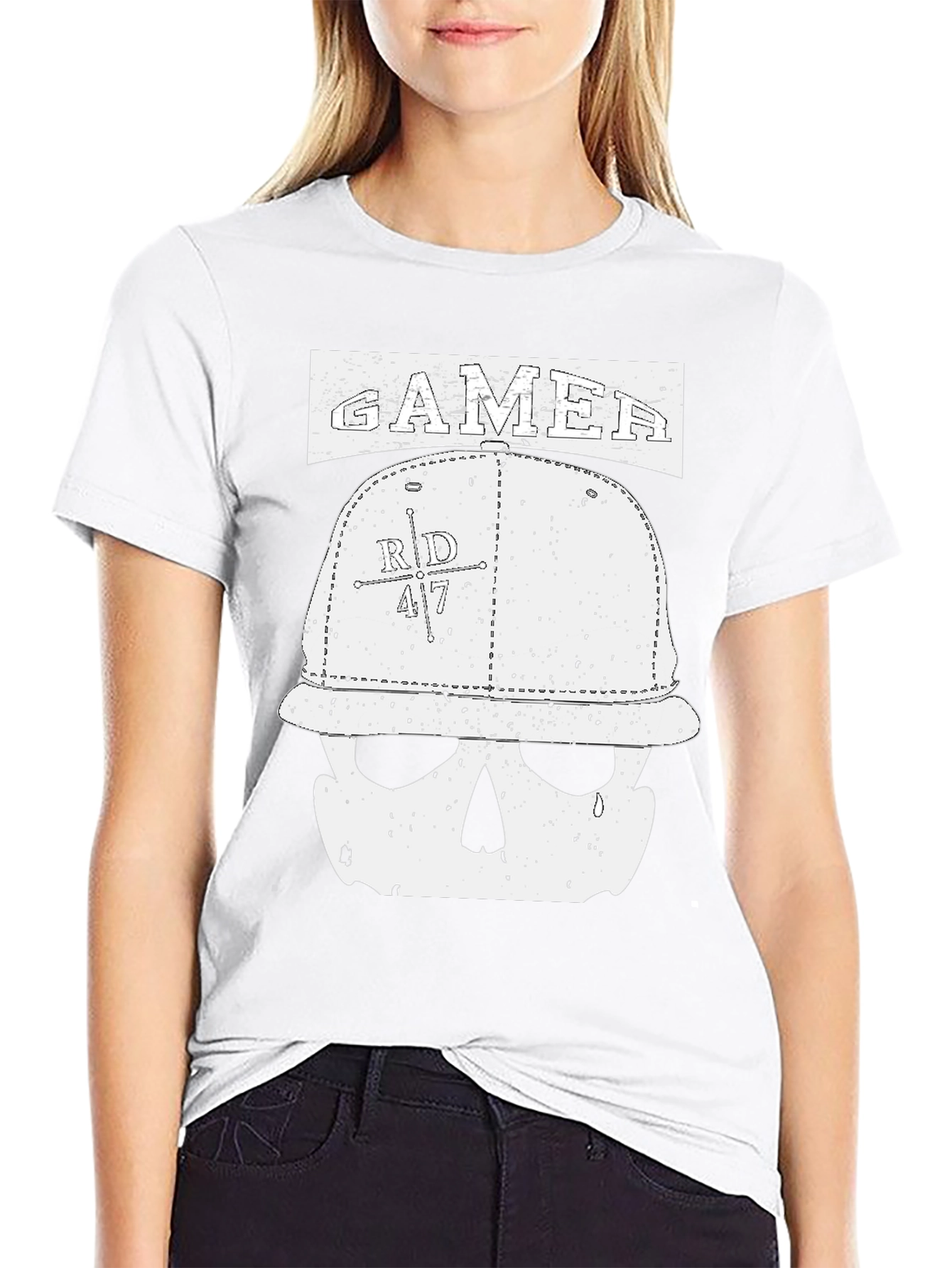 Gamer Skull Hat Graphic Black T-Shirt