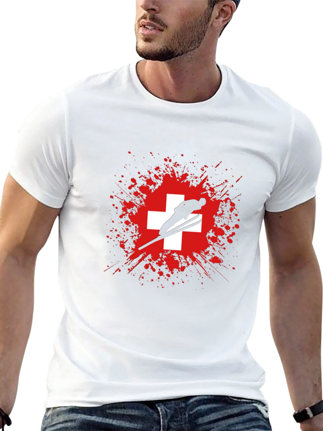 Ski Jumper Switzerland Flag Graphic T-Shirt