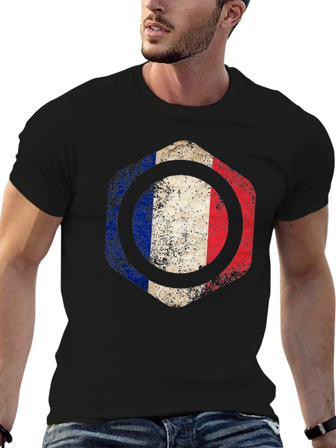 French Flag Graphic T-Shirt - Black Crew Neck Tee