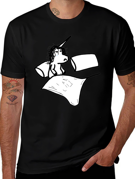Sad Unicorn in Bed T-Shirt - Black Cotton Tee