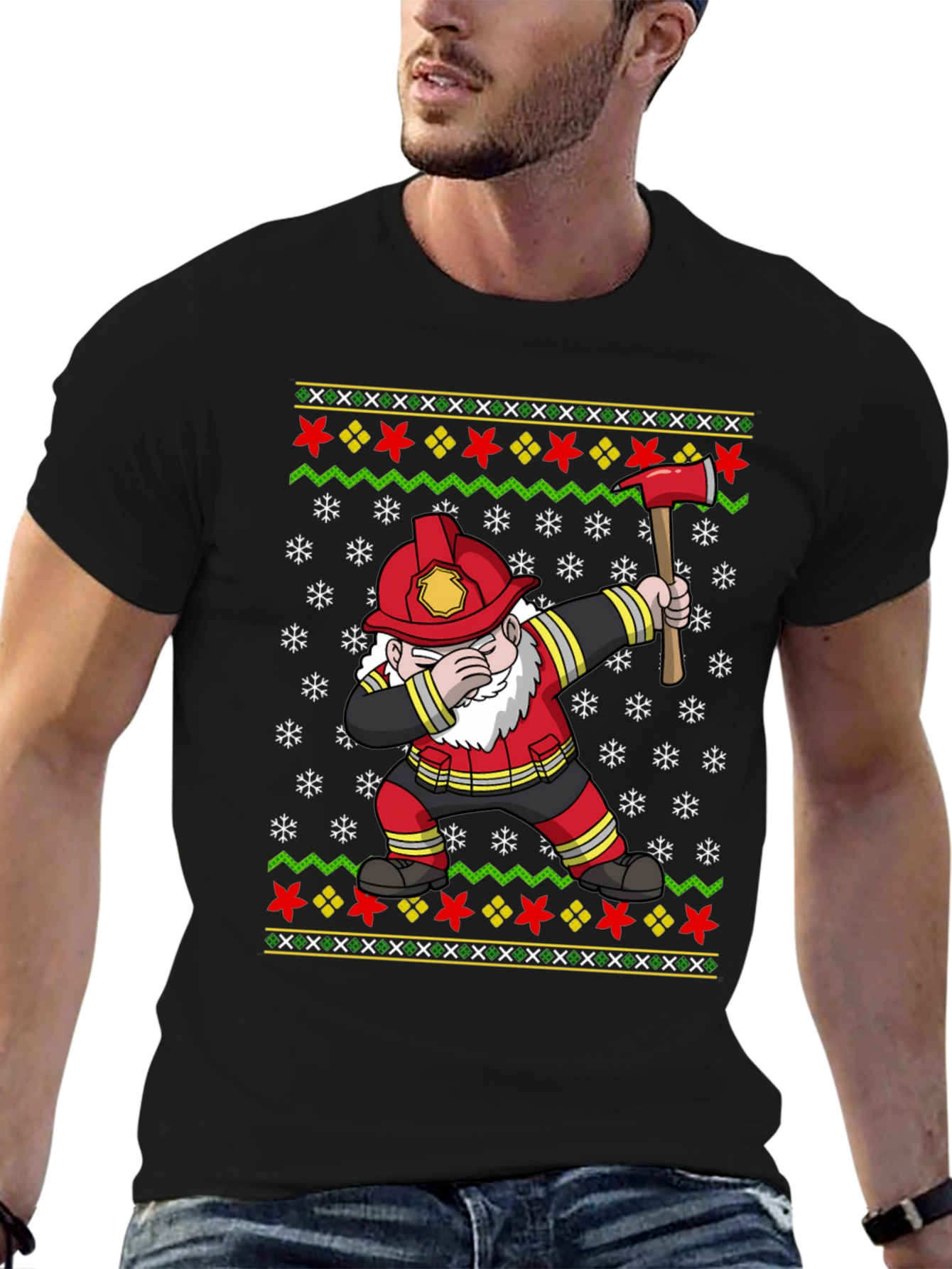 Firefighter Gnome Ugly Christmas Dabbing T-Shirt
