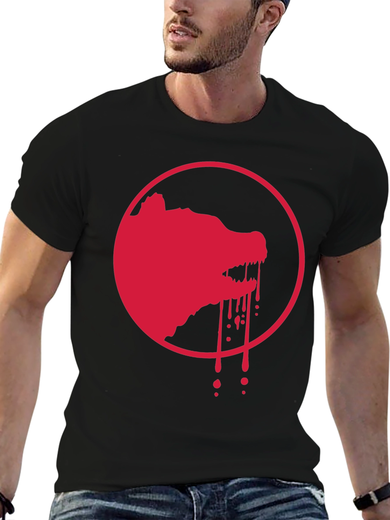Red Wolf Graphic Print Black T-Shirt