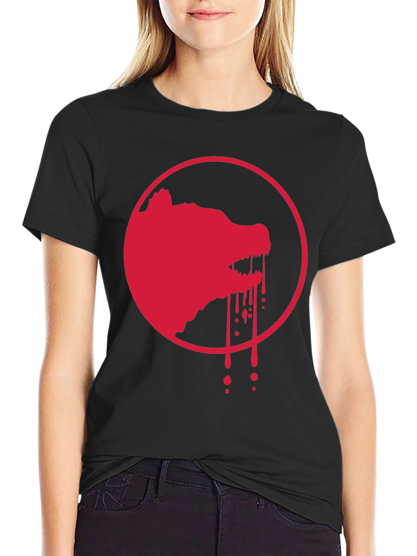 Red Wolf Graphic Print Black T-Shirt
