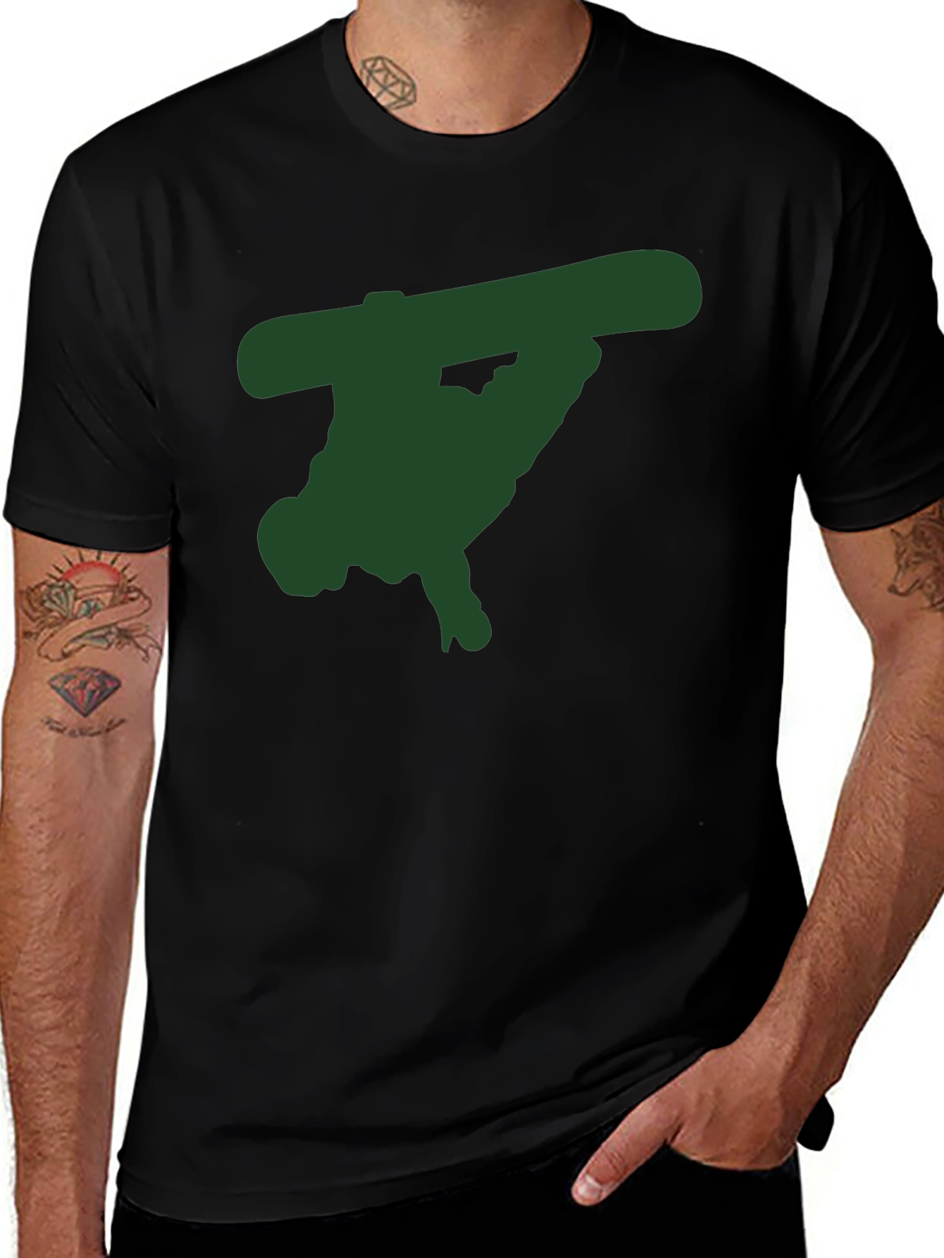 Black T-Shirt with Green Snowboarder Graphic