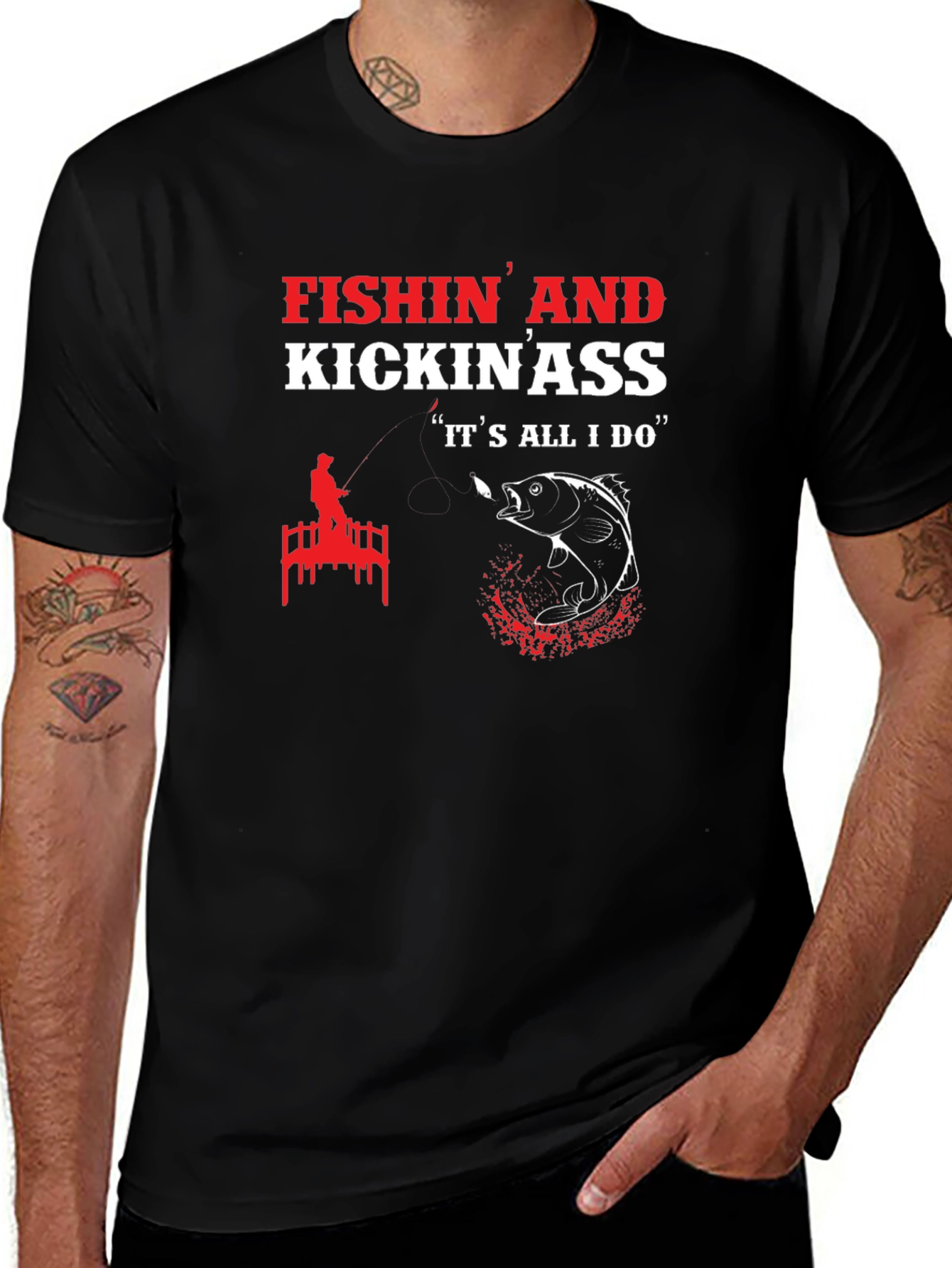 Fishin and Kickin Ass Mens Black Graphic Tee