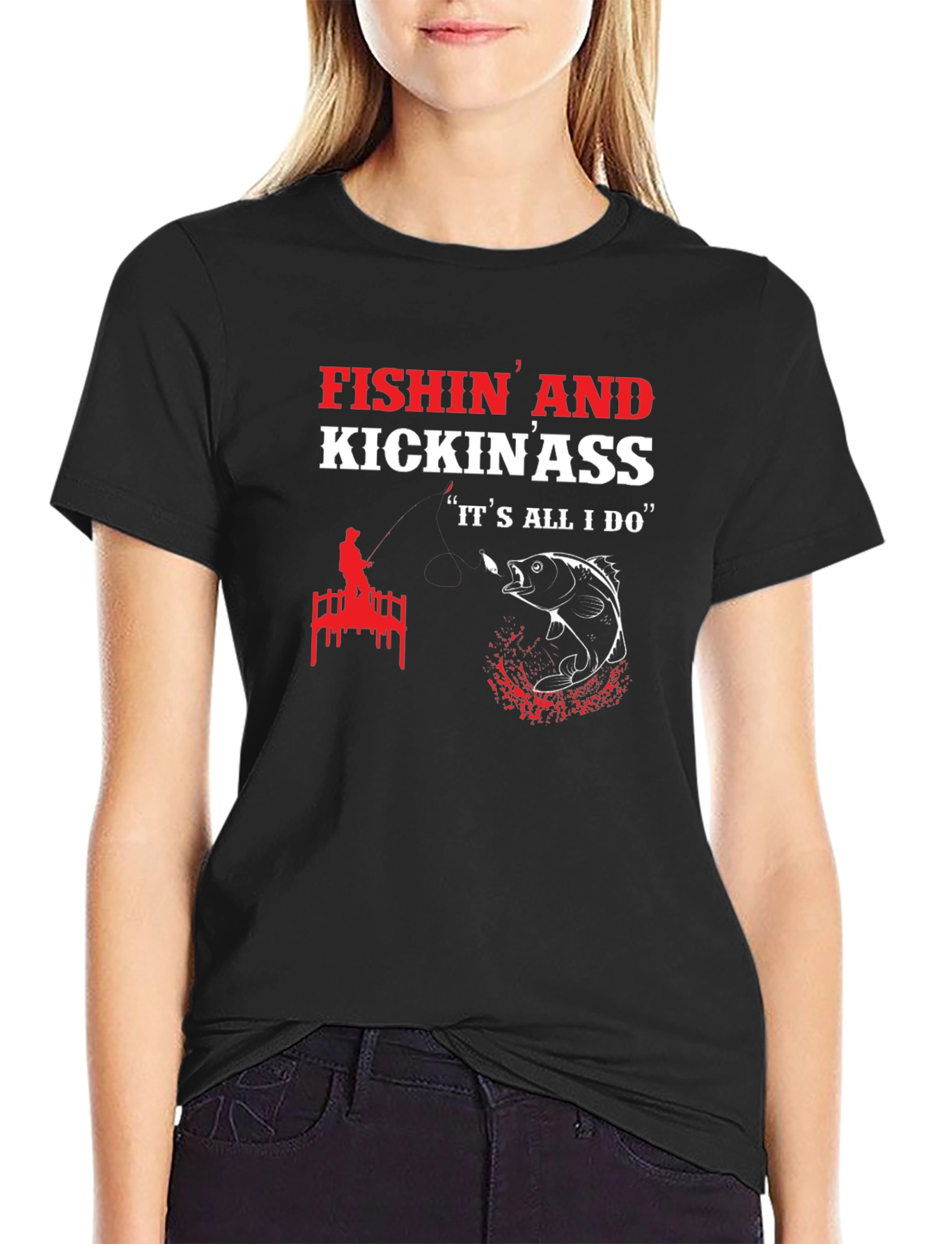Fishin and Kickin Ass Mens Black Graphic Tee