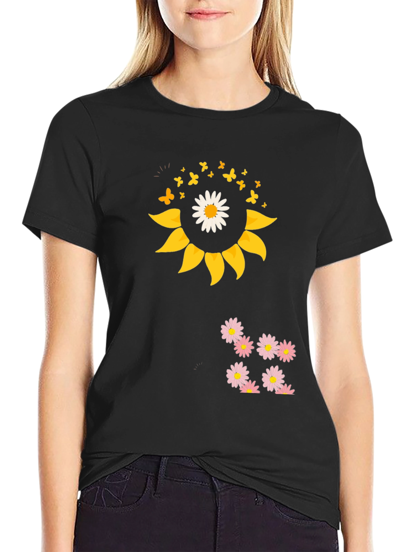 Sunflower Daisy Graphic Tee - Black Casual T-Shirt
