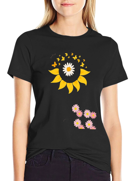 Sunflower Daisy Graphic Tee - Black Casual T-Shirt