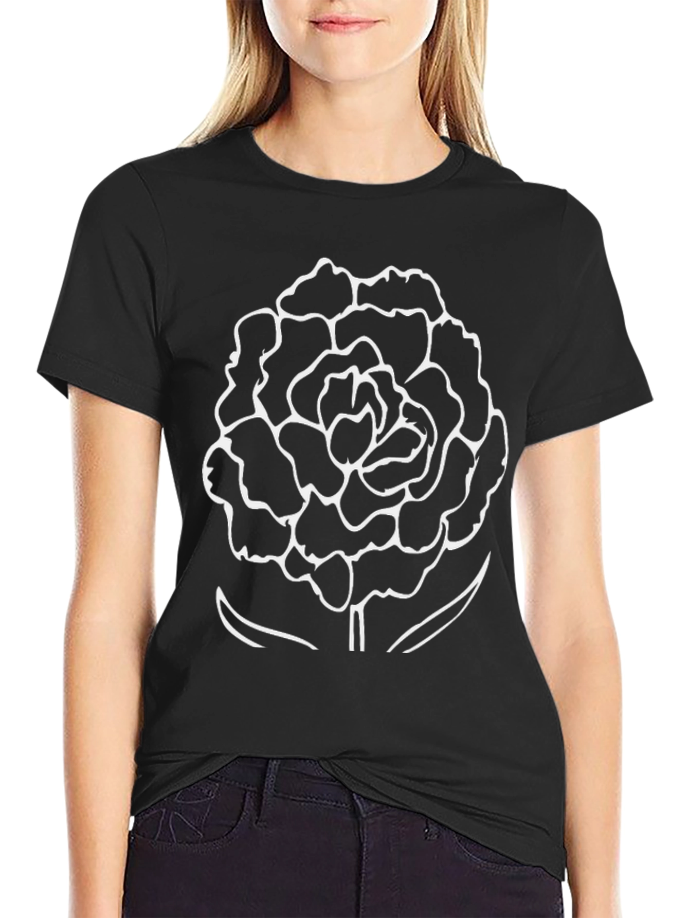 Black T-Shirt with White Flower Print