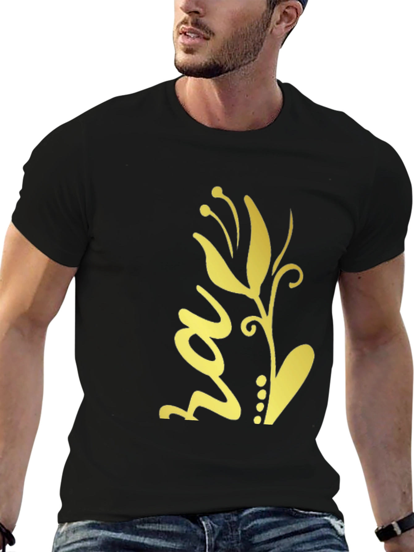 Black T-Shirt with Gold Floral Design