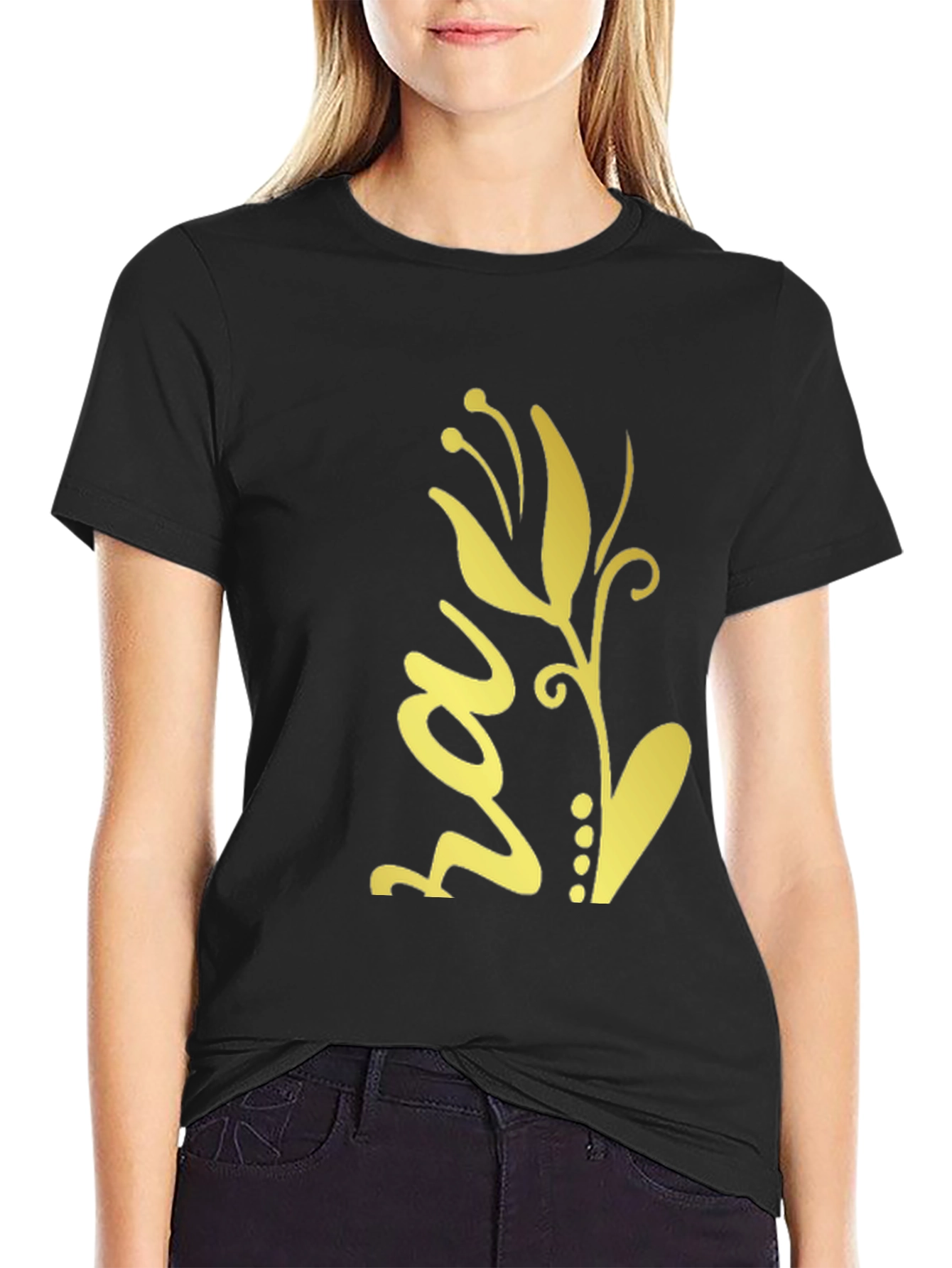 Black T-Shirt with Gold Floral Design