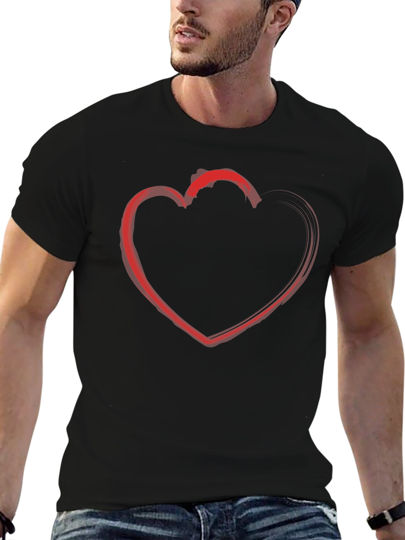 Red Heart Outline Black T-Shirt