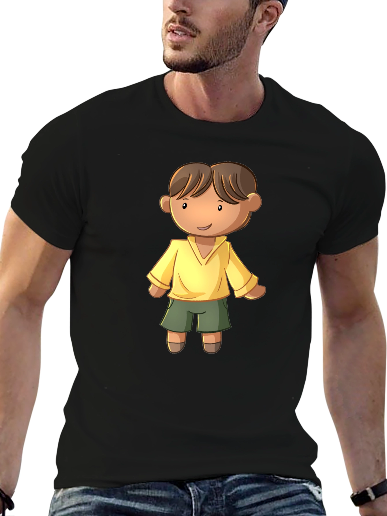 Cartoon Boy Graphic Tee - Black Cotton T-Shirt