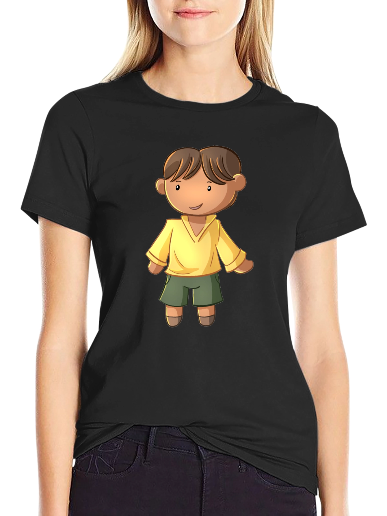 Cartoon Boy Graphic Tee - Black Cotton T-Shirt