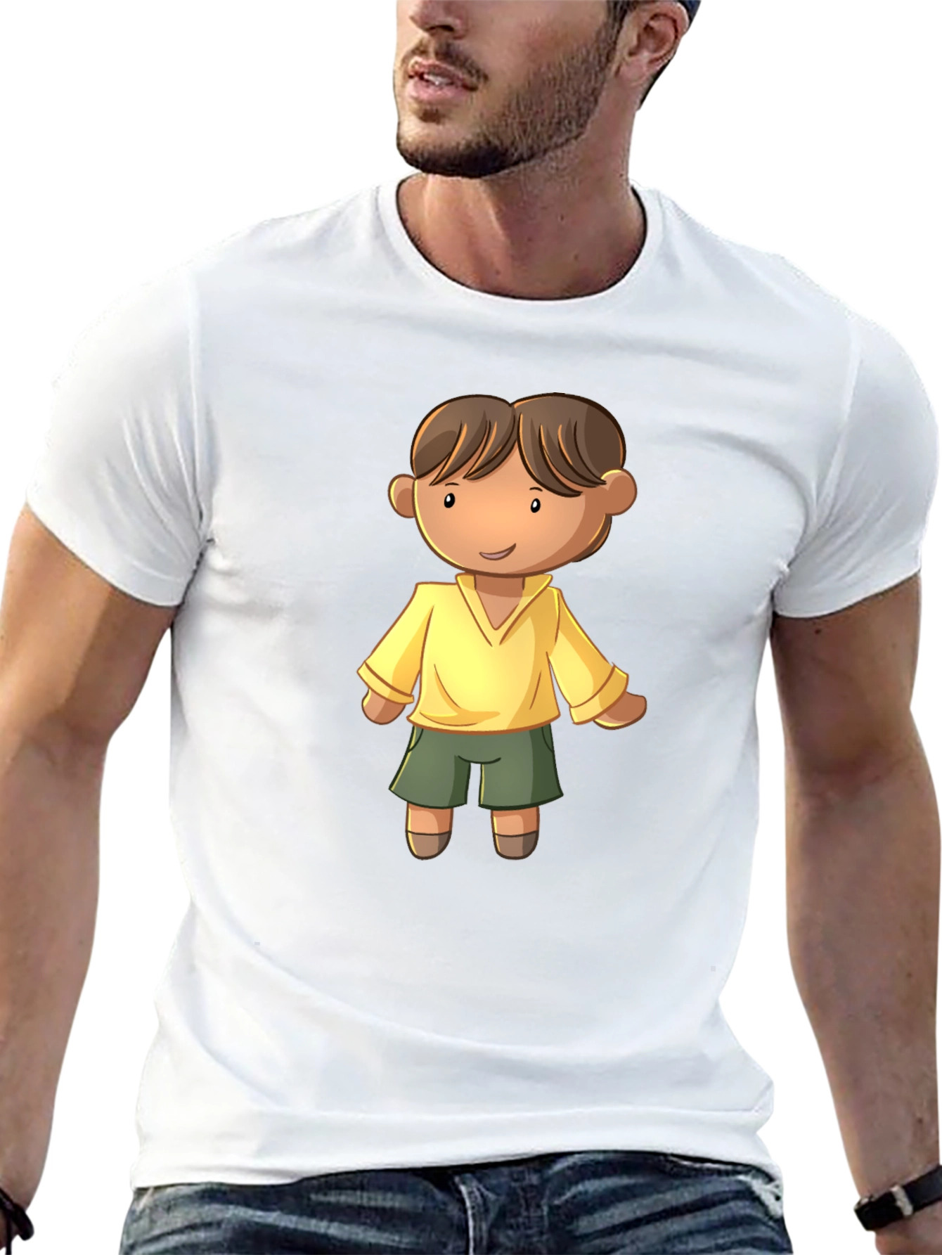 Cartoon Boy Graphic Tee - Black Cotton T-Shirt
