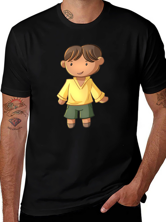 Cartoon Boy Graphic Tee - Black Cotton T-Shirt