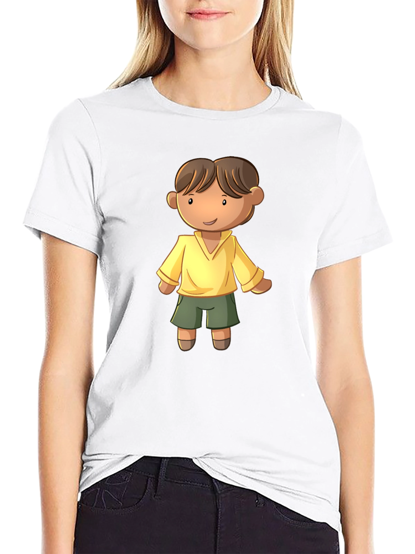 Cartoon Boy Graphic Tee - Black Cotton T-Shirt