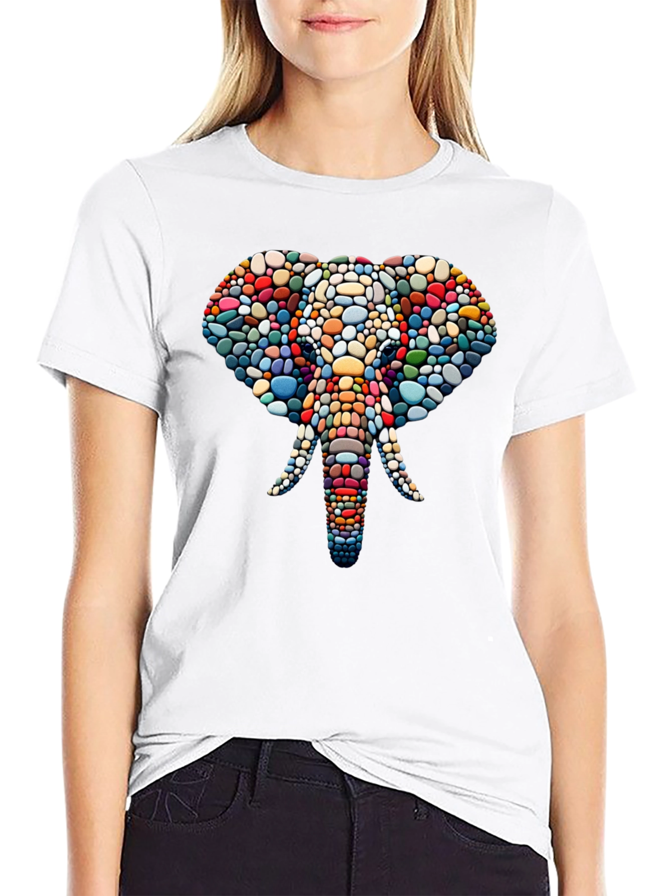 Elephant Mosaic Graphic Tee - Black Cotton T-Shirt