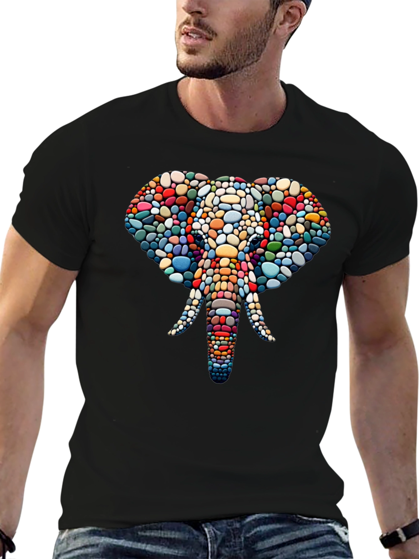 Elephant Mosaic Graphic Tee - Black Cotton T-Shirt