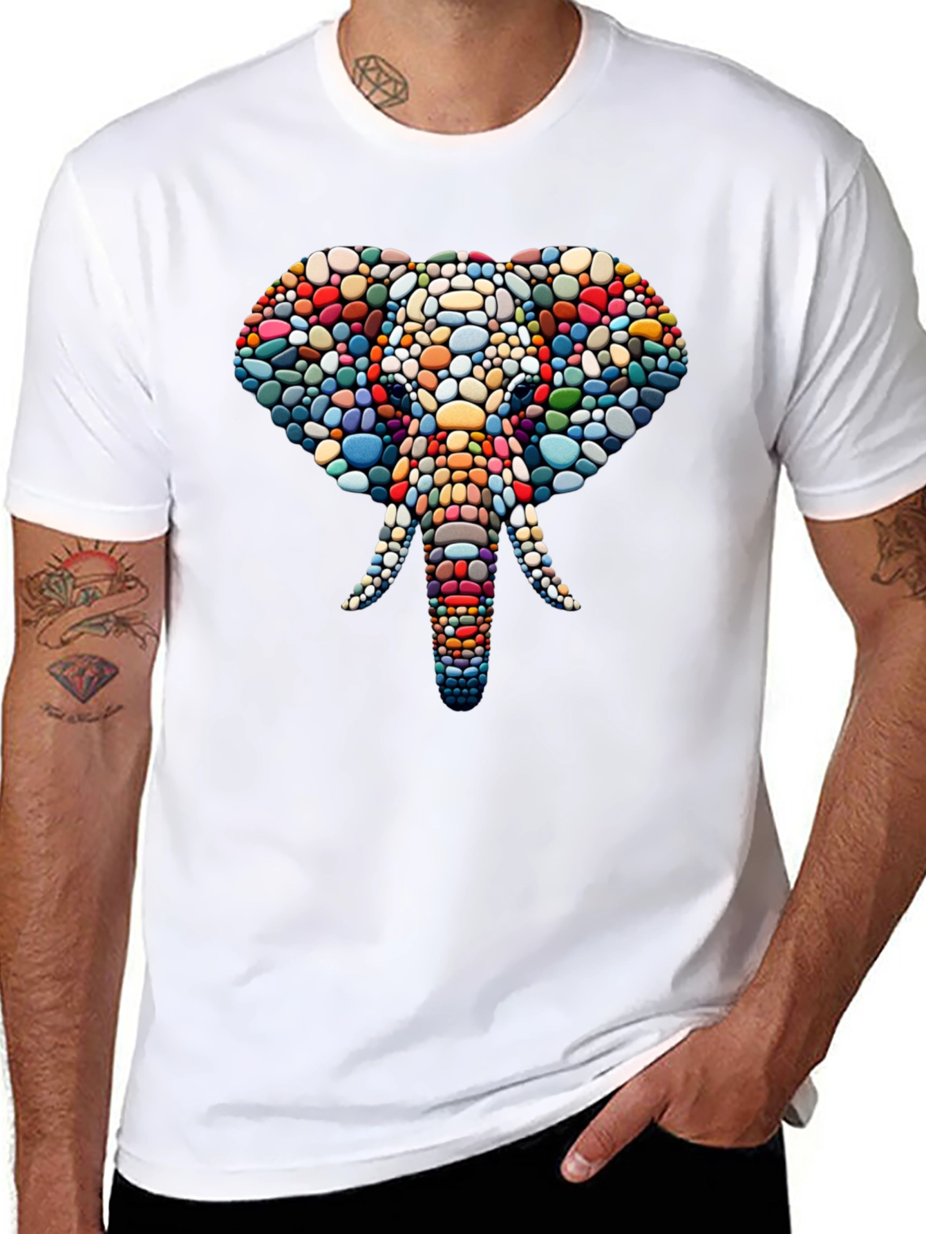 Elephant Mosaic Graphic Tee - Black Cotton T-Shirt