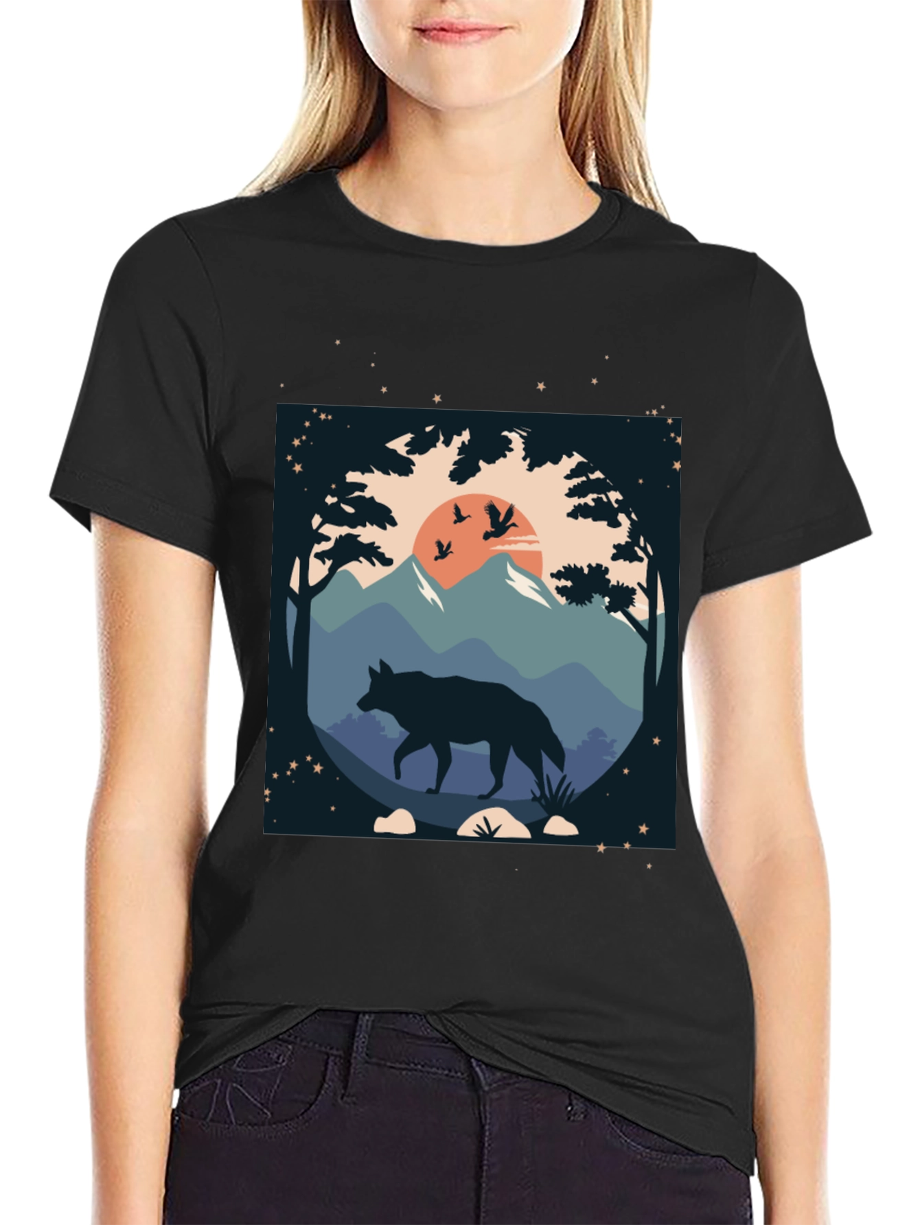 Wolf Landscape Graphic Tee - Black Cotton Blend