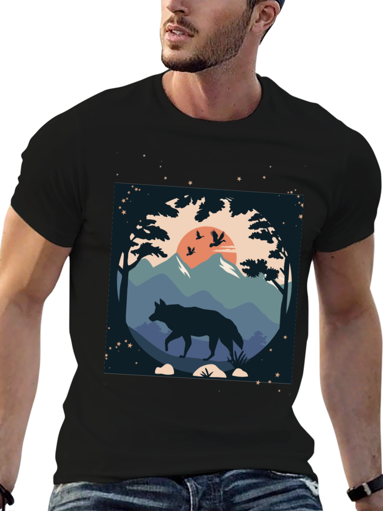 Wolf Landscape Graphic Tee - Black Cotton Blend