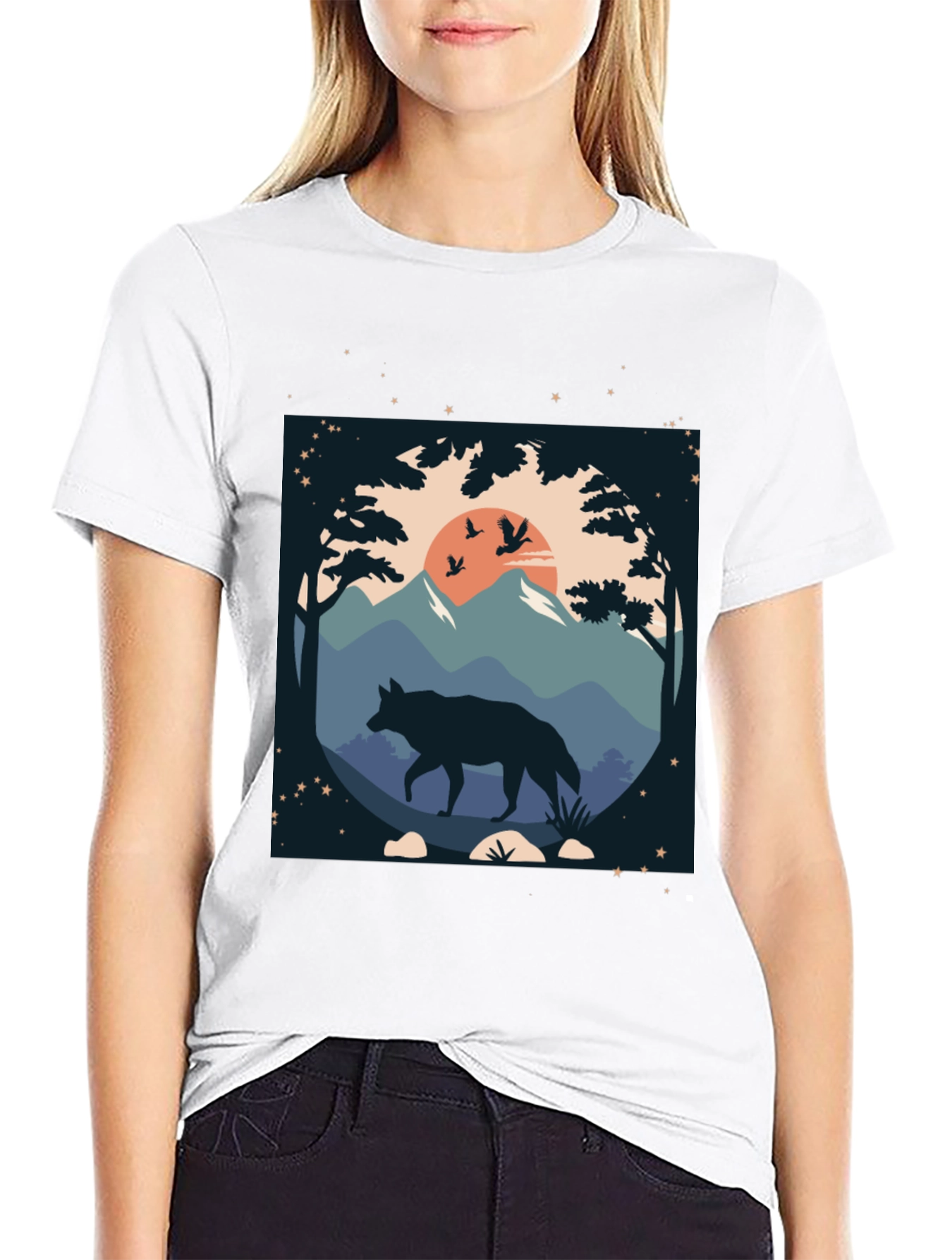 Wolf Landscape Graphic Tee - Black Cotton Blend