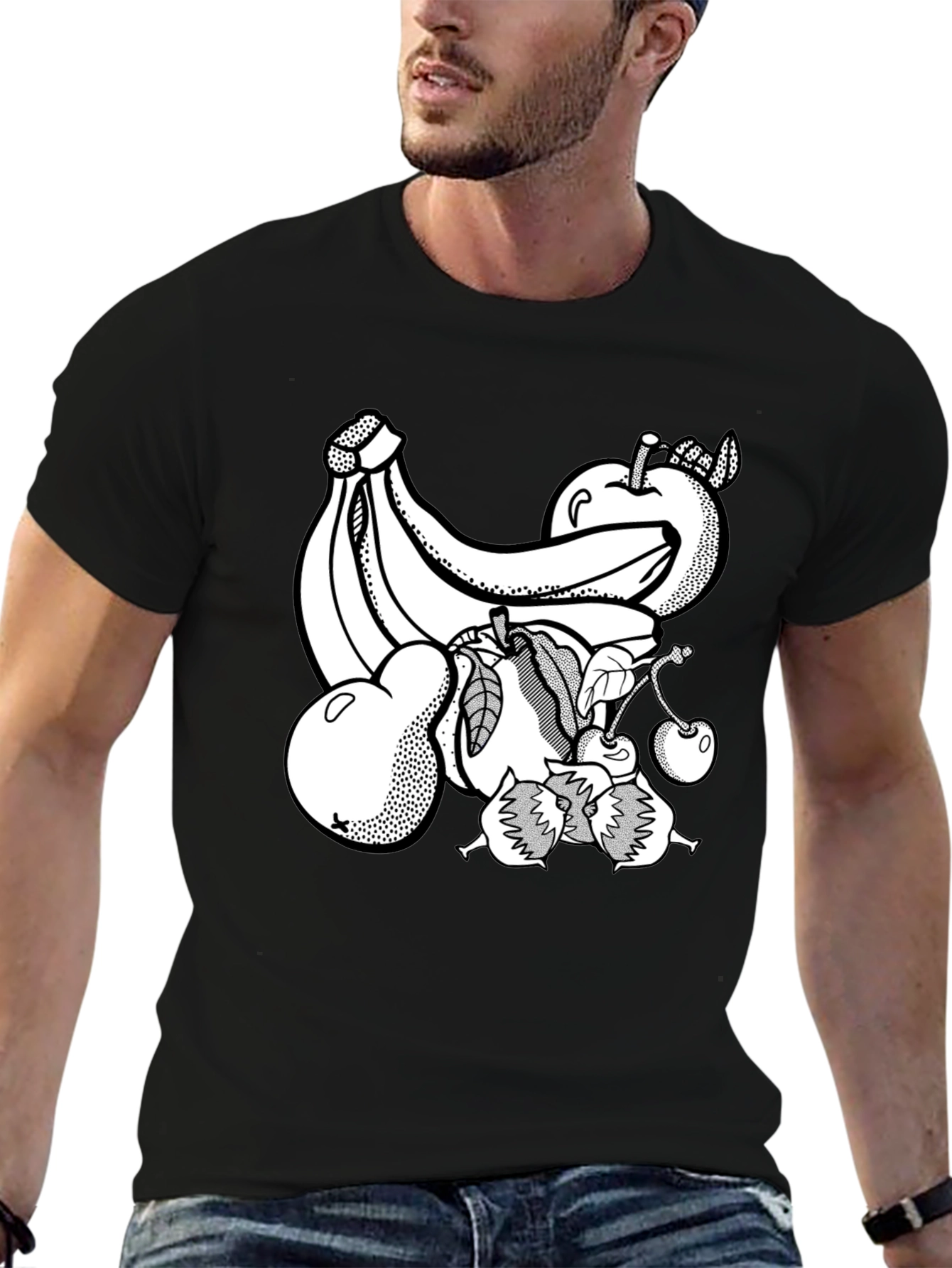 Fruit Graphic Print Black Crew Neck T-Shirt