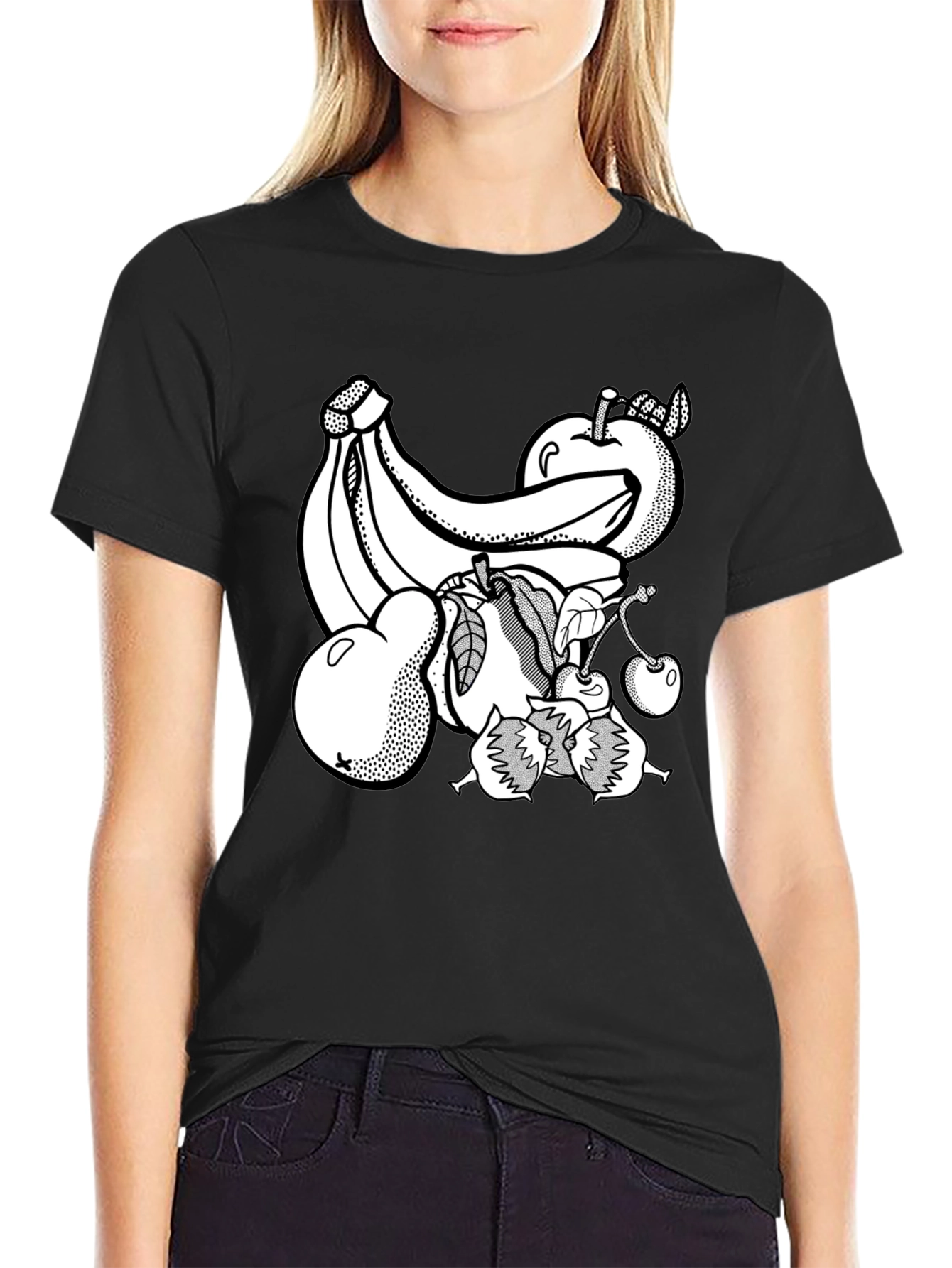 Fruit Graphic Print Black Crew Neck T-Shirt