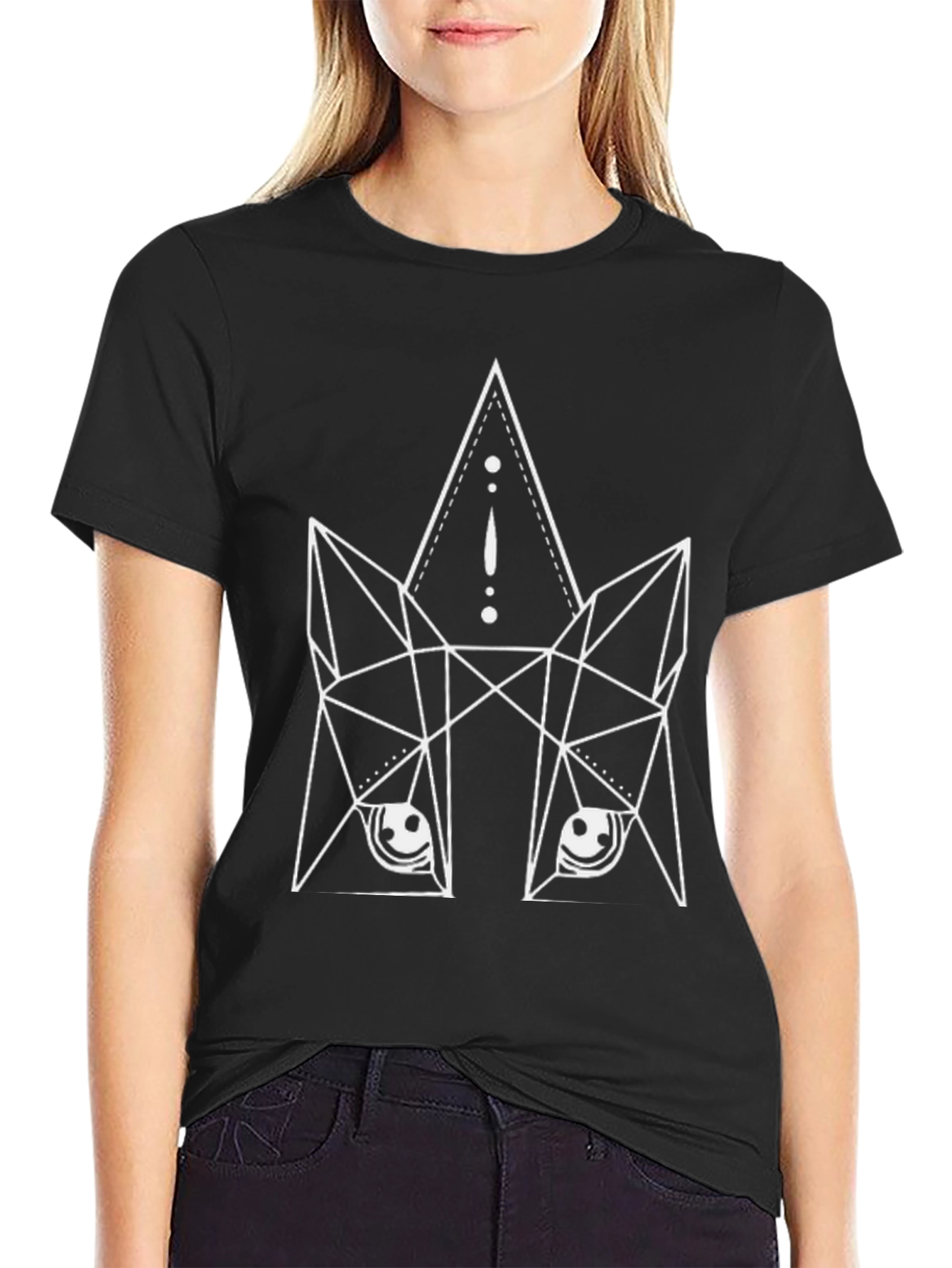 Geometric Wolf Graphic Print Black T-Shirt
