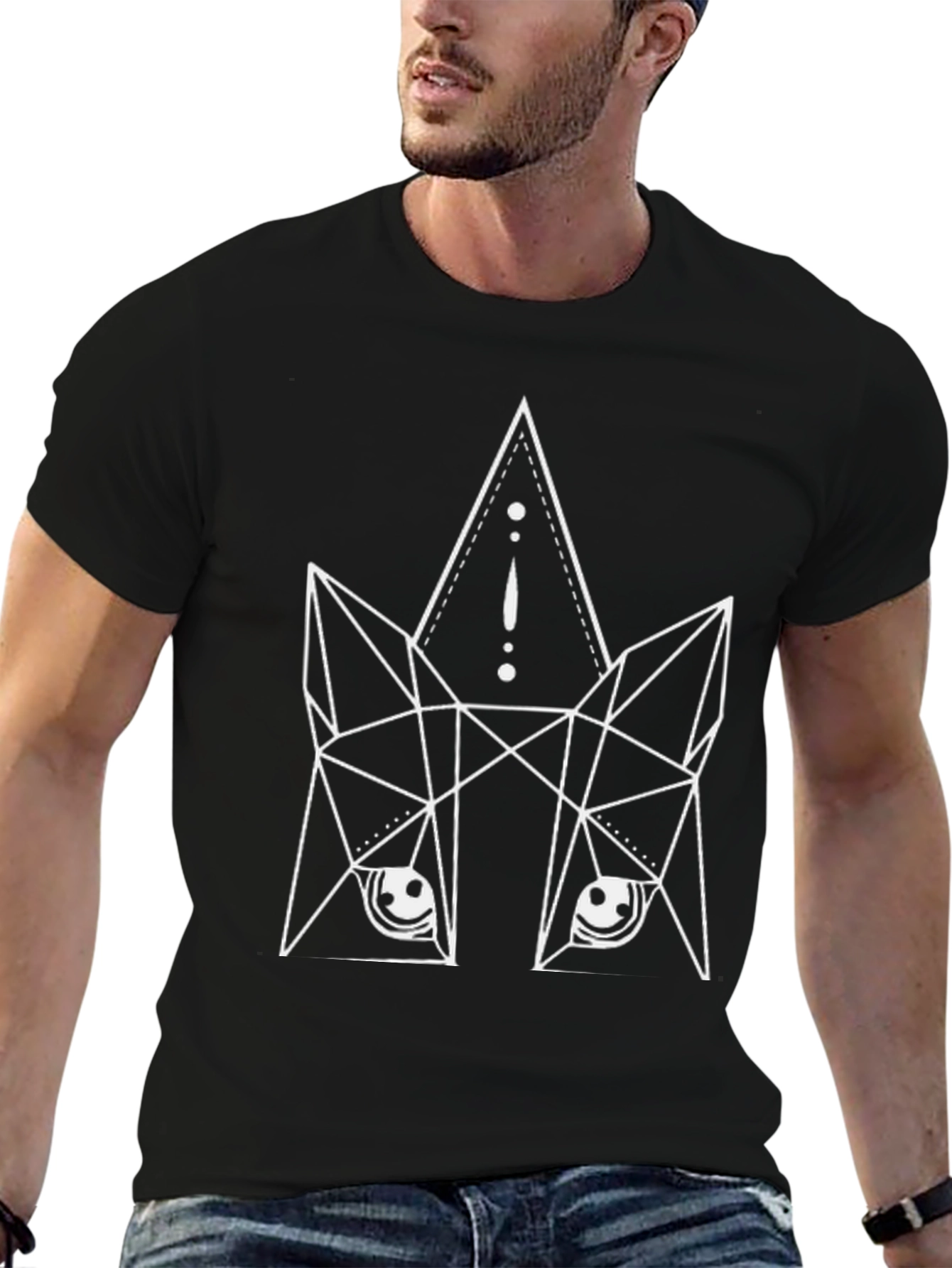 Geometric Wolf Graphic Print Black T-Shirt
