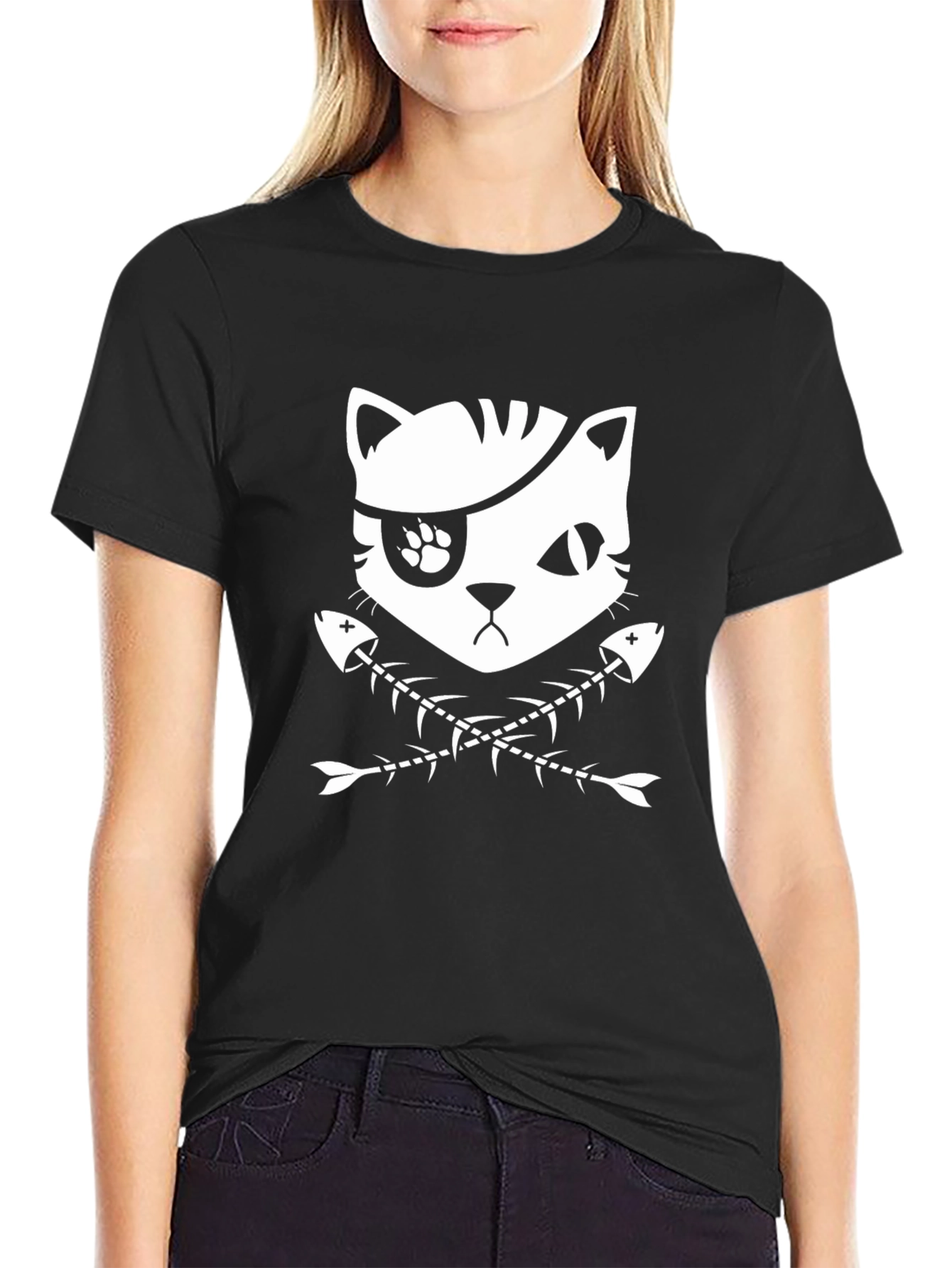 Pirate Cat Graphic Tee - Black Cotton T-Shirt