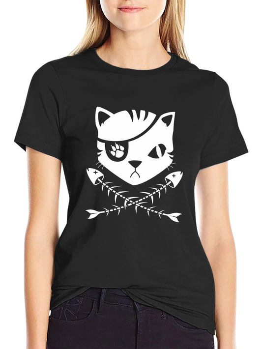 Pirate Cat Graphic Tee - Black Cotton T-Shirt