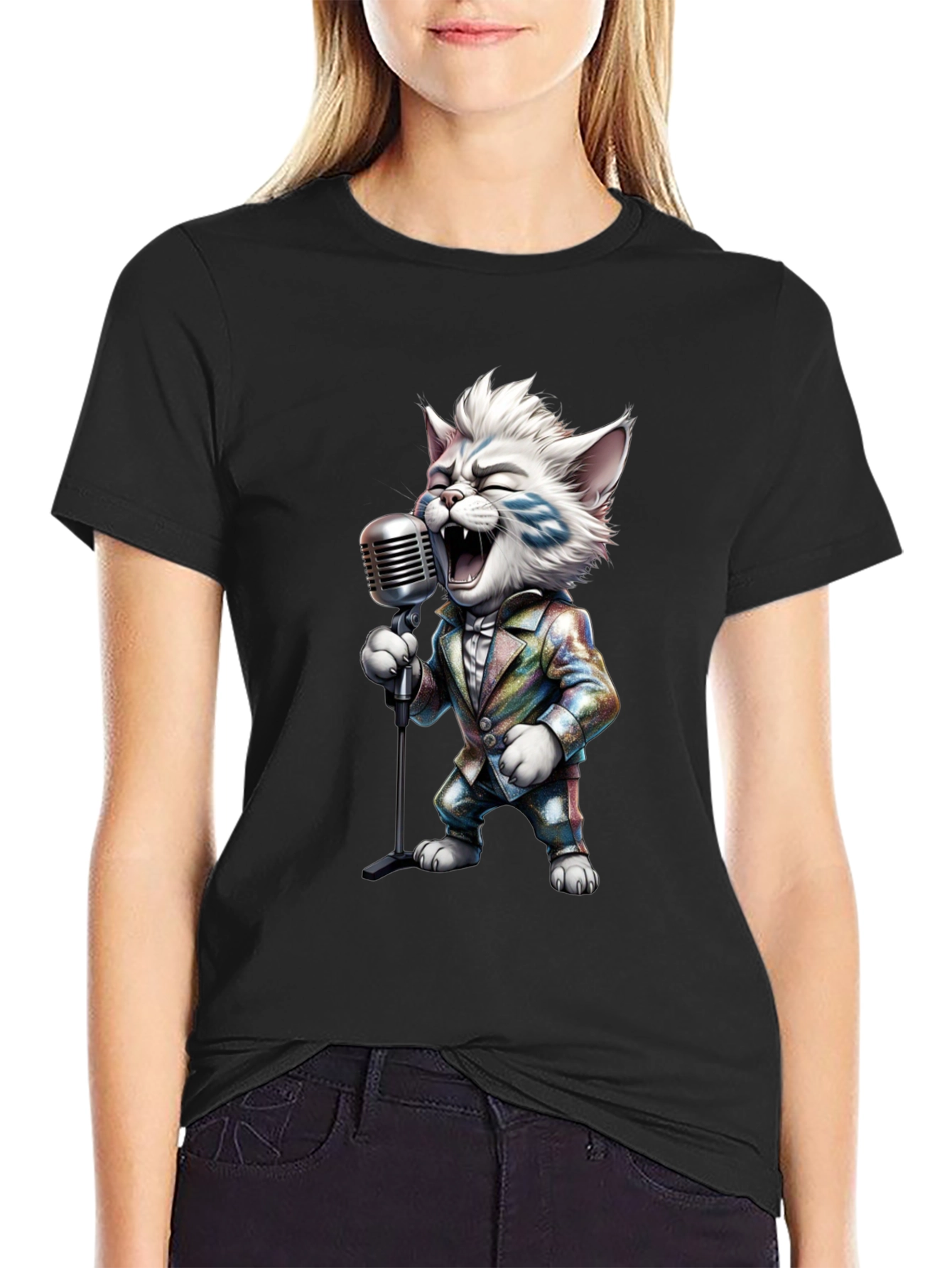 Singing Cat Graphic Tee - Retro Mic