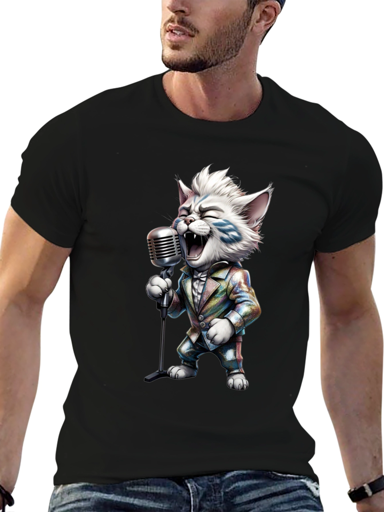 Singing Cat Graphic Tee - Retro Mic