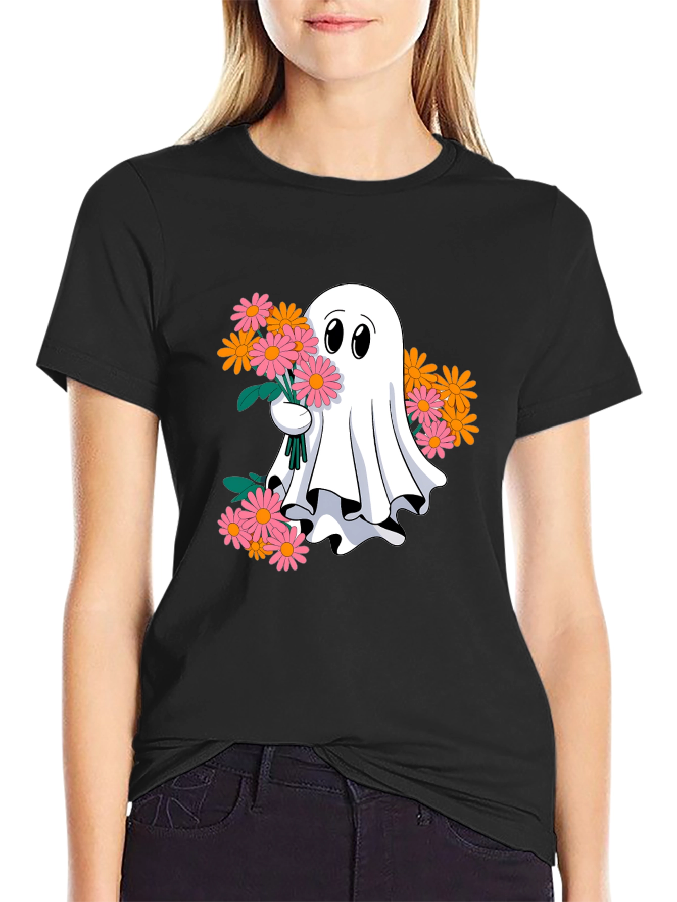 Ghost with Flowers Graphic Tee - Spooky Cute T-Shirt