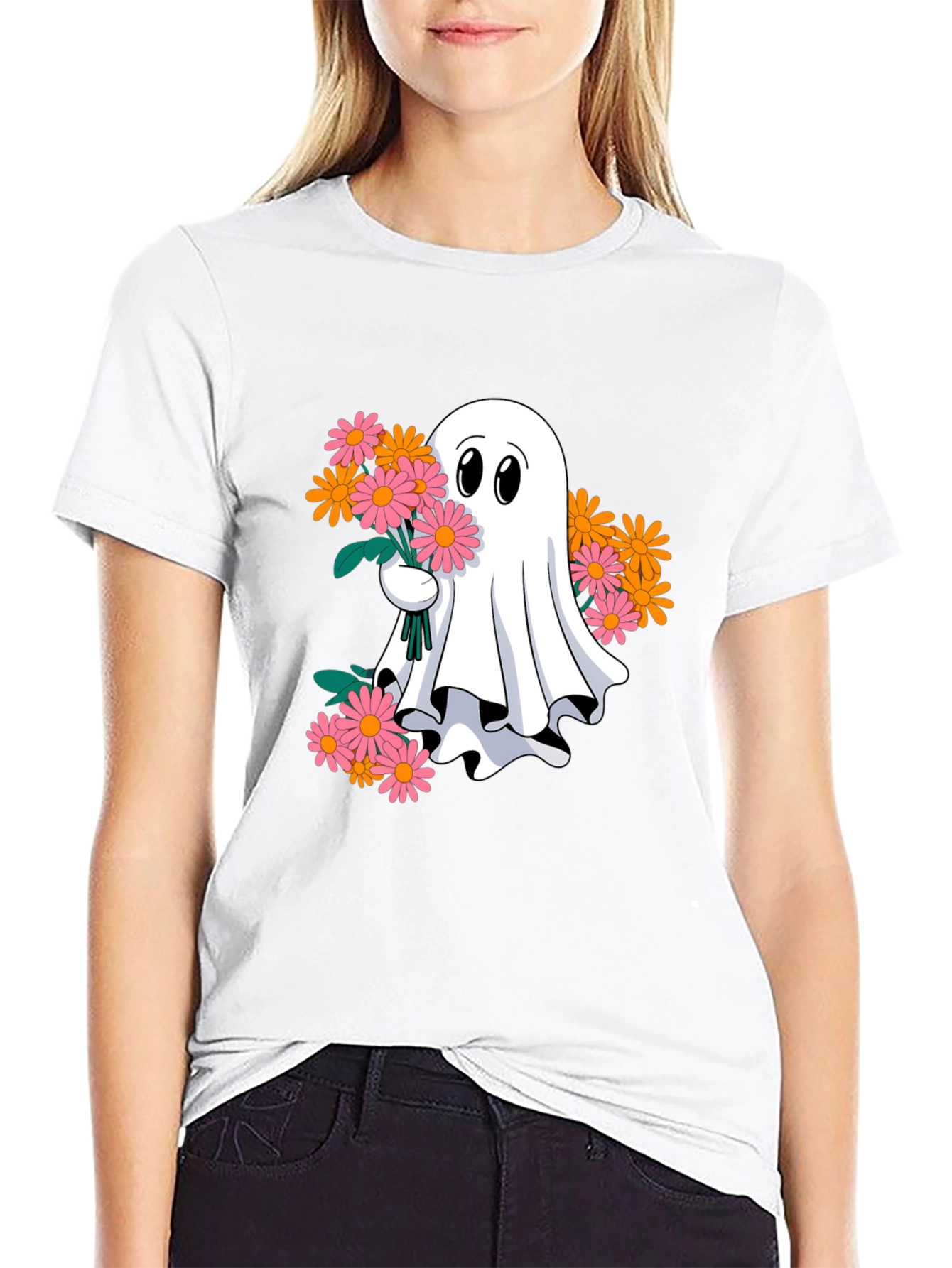 Ghost with Flowers Graphic Tee - Spooky Cute T-Shirt