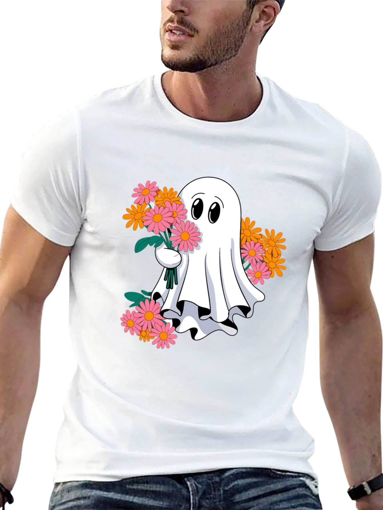Ghost with Flowers Graphic Tee - Spooky Cute T-Shirt