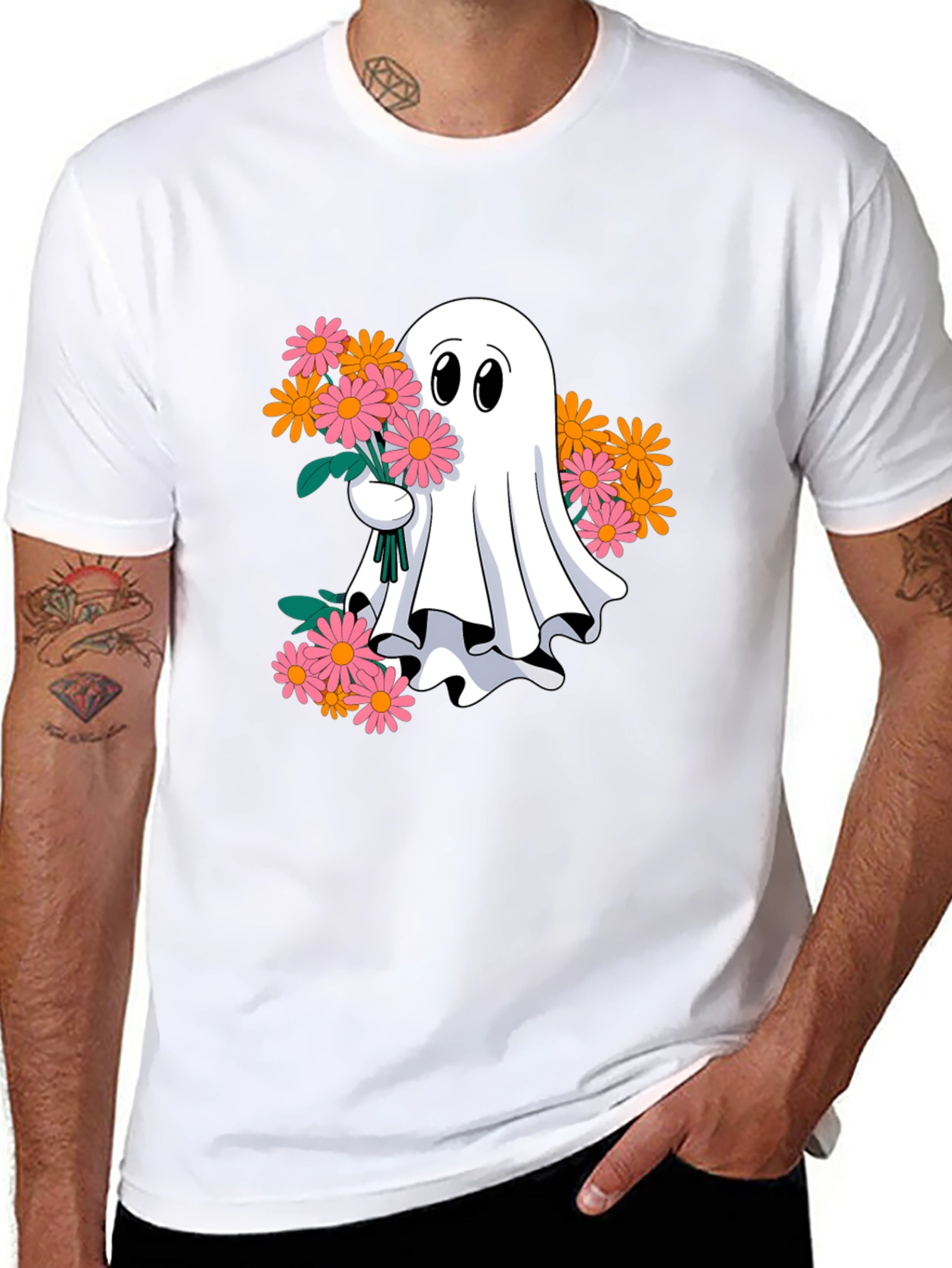 Ghost with Flowers Graphic Tee - Spooky Cute T-Shirt