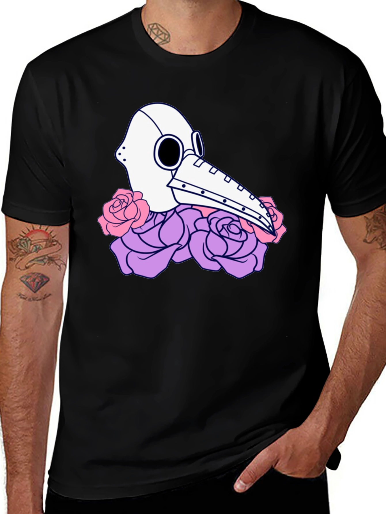 Plague Doctor Mask & Rose Graphic T-Shirt