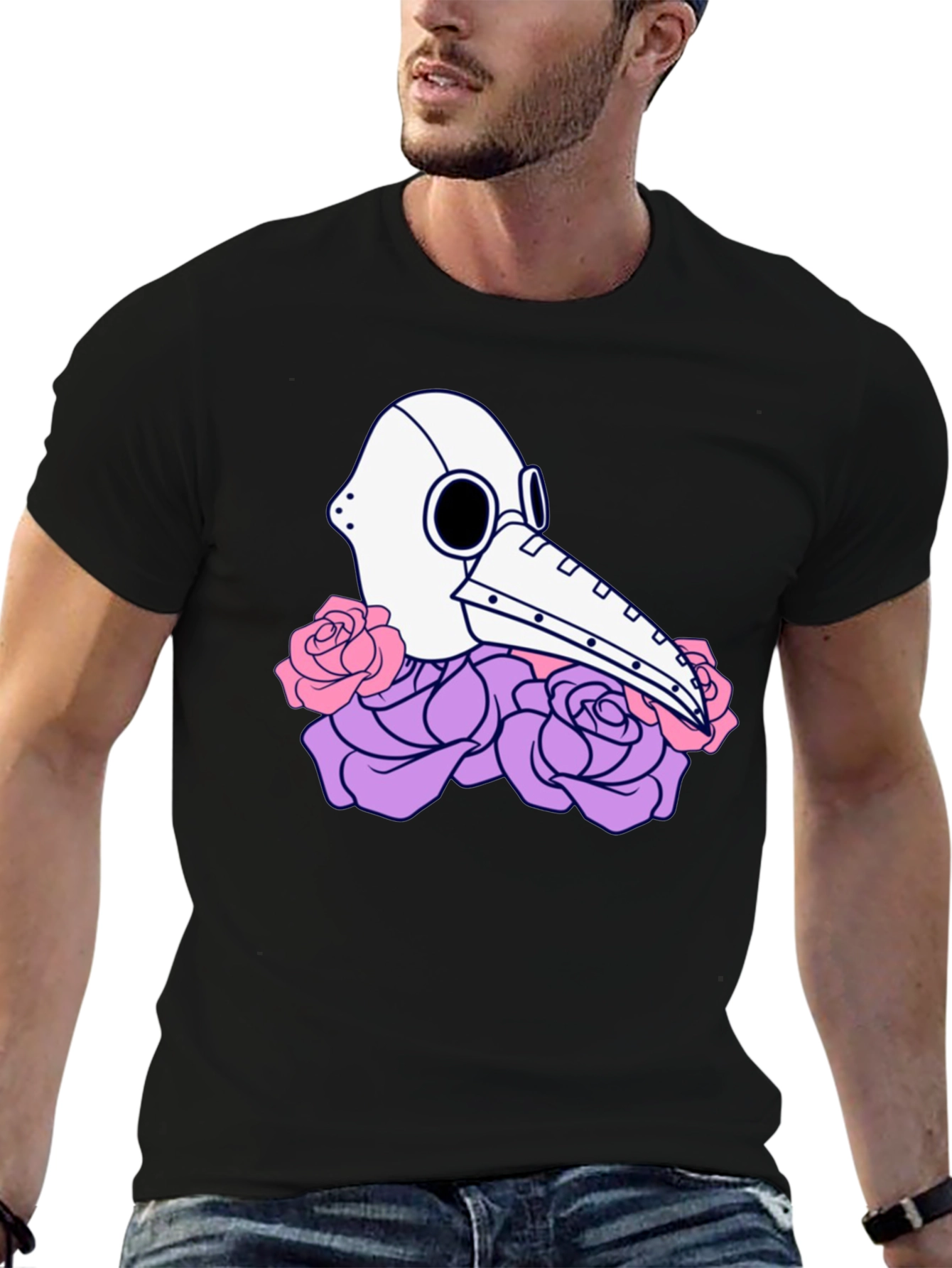 Plague Doctor Mask & Rose Graphic T-Shirt