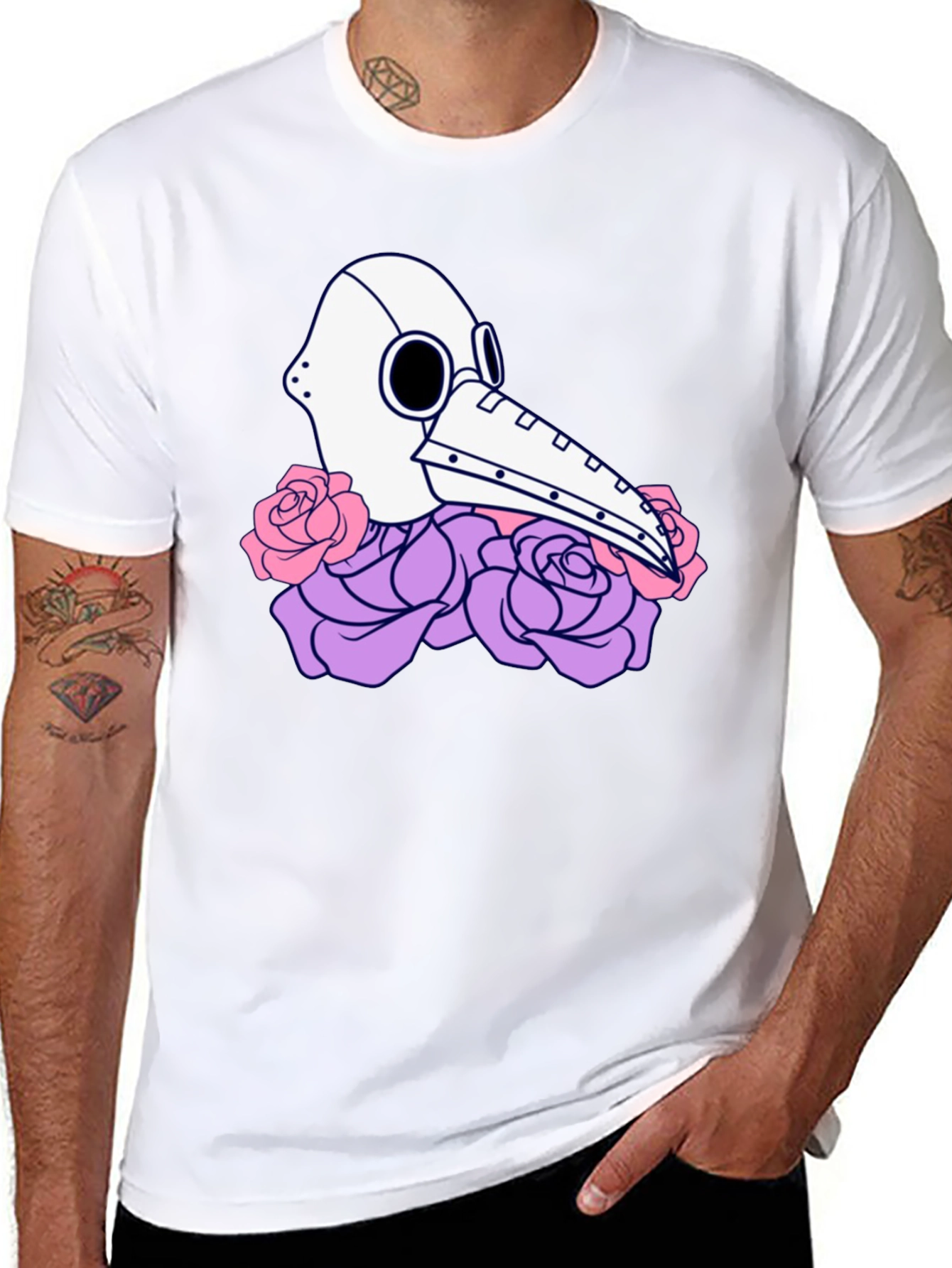 Plague Doctor Mask & Rose Graphic T-Shirt