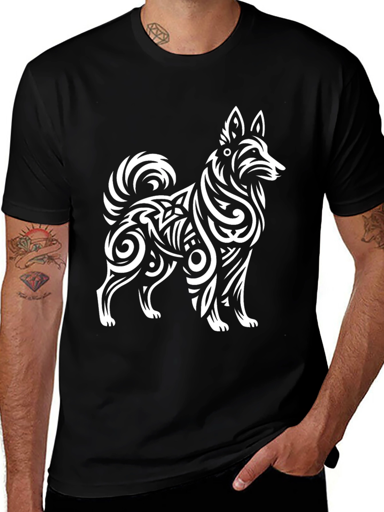 Tribal Dog Graphic Black T-Shirt